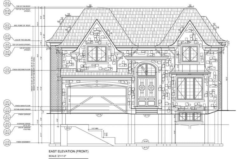 Front elevation permit drawing of a North York house, part of the drawing set that a Toronto building permit application form has to match