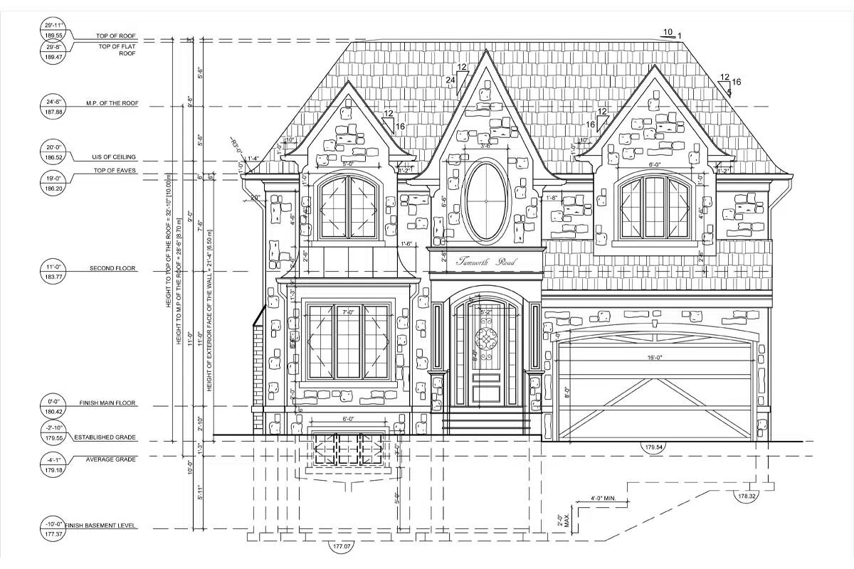 Front elevation sheet from a house drawing set, the kind of design work that separates permit fees vs drawing fees in a project budget